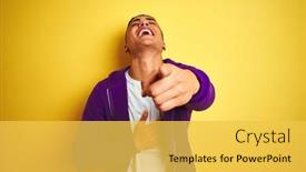  Presentation with purple - Beautiful presentation design featuring young brazilian man wearing purple sweatshirt standing over isolated yellow background laughing at you pointing finger to the camera with hand over body shame expression backdrop and a yellow colored foreground