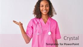  Presentation with hand palm - Colorful slide set enhanced with young brazilian nurse woman wearing stethoscope standing over isolated white background smiling cheerful presenting and pointing with palm of hand looking at the camera backdrop and a coral colored foreground