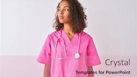  Presentation with nurse thinking - Slide set featuring young brazilian nurse woman wearing stethoscope standing over isolated white background smiling looking to the side and staring away thinking background and a coral colored foreground