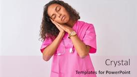  Presentation with eyes - Presentation with young brazilian nurse woman wearing stethoscope standing over isolated white background sleeping tired dreaming and posing with hands together while smiling with closed eyes background and a lemonade colored foreground