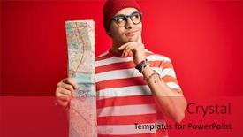  Presentation with city map - PPT theme featuring young-brazilian-tourist-man background and a red colored foreground