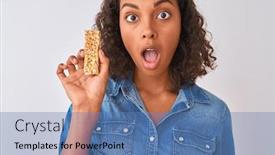 Presentation with granola - Presentation design enhanced with young brazilian woman eating granola bar standing over isolated white background scared in shock with a surprise face afraid and excited with fear expression background and a teal colored foreground