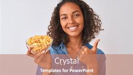  Presentation with macaroni - Slide deck featuring young brazilian woman holding bowl with macaroni pasta over isolated white background happy with big smile doing ok sign thumb up with fingers excellent sign background and a coral colored foreground