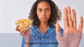  Presentation with macaroni - Beautiful presentation theme featuring young brazilian woman holding bowl with macaroni pasta over isolated white background with open hand doing stop sign with serious and confident expression defense gesture backdrop and a teal colored foreground