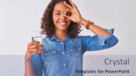  Presentation with eye glass - Slide deck having young brazilian woman holding glass of water standing over isolated white background with happy face smiling doing ok sign with hand on eye looking through fingers background and a teal colored foreground