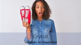  Presentation with sneakers - Audience pleasing presentation design consisting of young brazilian woman holding sneakers standing over isolated white background scared in shock with a surprise face afraid and excited with fear expression backdrop and a teal colored foreground