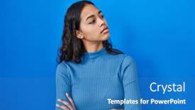  Presentation with blue - Slide deck featuring young-brazilian-woman-standing-over background and a teal colored foreground