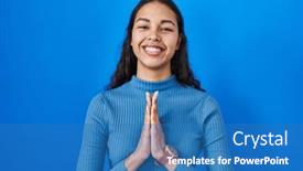  Presentation with praying hands - PPT theme consisting of young-brazilian-woman-standing-over background and a teal colored foreground