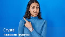  Presentation with forefinger - PPT theme featuring young-brazilian-woman-standing-over background and a teal colored foreground