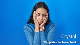  Presentation with sadness - Presentation theme having young-brazilian-woman-standing-over background and a teal colored foreground