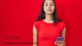  Presentation with smartphone - Presentation design enhanced with young-brazilian-woman-using-smartphone background and a crimson colored foreground