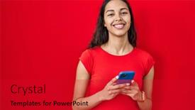  Presentation with smartphone - Presentation theme consisting of young-brazilian-woman-using-smartphone background and a  colored foreground