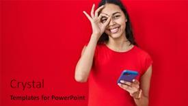  Presentation with smartphone - PPT theme with young-brazilian-woman-using-smartphone background and a  colored foreground