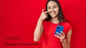  Presentation with nose - Slide set having young-brazilian-woman-using-smartphone background and a crimson colored foreground