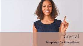  Presentation with blue - Presentation design having young brazilian woman wearing blue dress standing over isolated white background showing and pointing up with finger number one while smiling confident and happy background and a coral colored foreground