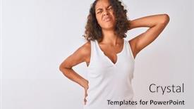  Presentation with injury - PPT layouts featuring young brazilian woman wearing casual t-shirt standing over isolated white background suffering of neck ache injury touching neck with hand muscular pain background and a light gray colored foreground