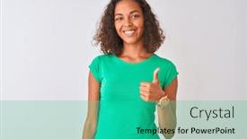  Presentation with white green - Presentation theme enhanced with young brazilian woman wearing green t-shirt standing over isolated white background doing happy thumbs up gesture with hand approving expression looking at the camera with showing success background and a teal colored foreground
