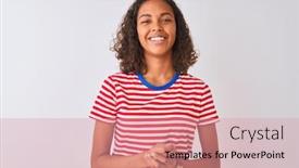  Presentation with optimistic - Audience pleasing slide set consisting of young brazilian woman wearing red striped t-shirt standing over isolated white background with hands together and crossed fingers smiling relaxed and cheerful success and optimistic backdrop and a coral colored foreground