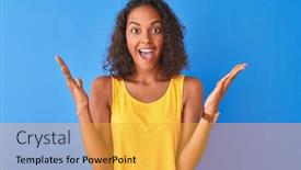  Presentation with blue eyes - Presentation design enhanced with standing over isolated blue background background and a yellow colored foreground