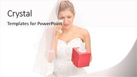  Presentation with tears - Slides with young bride in a wedding dress crying and wiping her tears isolated on white background background and a sky blue colored foreground