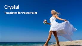  Presentation with beach wedding - Beautiful PPT theme featuring young bride in wedding drees having fun on the beach in greece backdrop and a dark gray colored foreground