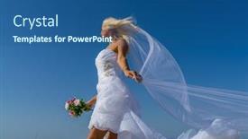  Presentation with beach wedding - Theme enhanced with young bride in wedding drees having fun on the beach in greece background and a ocean colored foreground