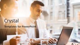  Presentation with search button searching information online - Cool new slide deck with young brokers discussing online information backdrop and a  colored foreground