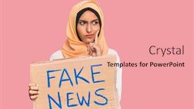  Presentation with fake news - Slide set with young-brunette-arab-woman-holding background and a coral colored foreground