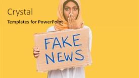  Presentation with fake news - Amazing PPT theme having young-brunette-arab-woman-holding backdrop and a yellow colored foreground