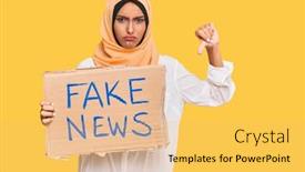  Presentation with fake news - Beautiful slides featuring young-brunette-arab-woman-holding backdrop and a yellow colored foreground