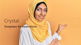  Presentation with islamic - Beautiful PPT layouts featuring young-brunette-arab-woman-wearing backdrop and a yellow colored foreground