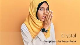  Presentation with arab - Beautiful PPT layouts featuring young-brunette-arab-woman-wearing backdrop and a coral colored foreground