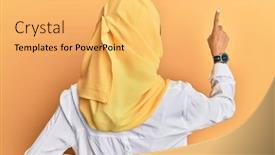  Presentation with islamic - Theme with young-brunette-arab-woman-wearing background and a yellow colored foreground