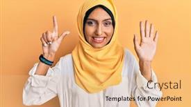  Presentation with arab - PPT layouts enhanced with young-brunette-arab-woman-wearing background and a coral colored foreground
