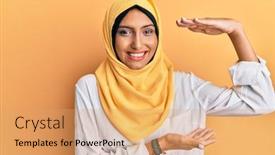  Presentation with arab - Slide deck with young-brunette-arab-woman-wearing background and a coral colored foreground