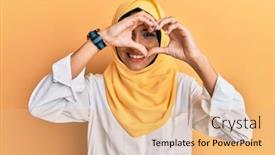  Presentation with shape heart - PPT theme with young-brunette-arab-woman-wearing background and a coral colored foreground