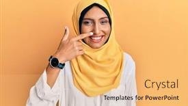  Presentation with islamic - Amazing PPT theme having young-brunette-arab-woman-wearing backdrop and a yellow colored foreground