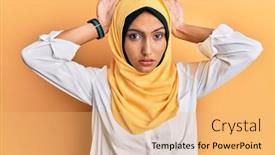  Presentation with islamic - Presentation theme with young-brunette-arab-woman-wearing background and a yellow colored foreground