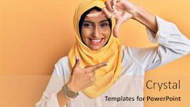  Presentation with arab - Audience pleasing PPT theme consisting of young-brunette-arab-woman-wearing backdrop and a coral colored foreground