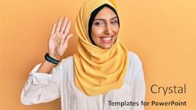  Presentation with arab - Presentation with young-brunette-arab-woman-wearing background and a yellow colored foreground