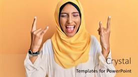  Presentation with arab music - Presentation theme having young-brunette-arab-woman-wearing background and a yellow colored foreground