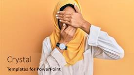  Presentation with islamic - PPT theme consisting of young-brunette-arab-woman-wearing background and a coral colored foreground