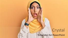  Presentation with arab - Colorful PPT theme enhanced with young-brunette-arab-woman-wearing backdrop and a yellow colored foreground