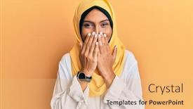  Presentation with scandal - PPT layouts having young-brunette-arab-woman-wearing background and a yellow colored foreground