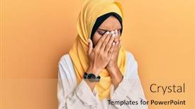  Presentation with woman crying - Presentation design consisting of young-brunette-arab-woman-wearing background and a coral colored foreground