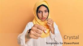 Presentation with violence woman - PPT theme having young-brunette-arab-woman-wearing background and a coral colored foreground