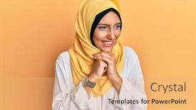  Presentation with hijab - PPT theme consisting of young-brunette-arab-woman-wearing background and a coral colored foreground