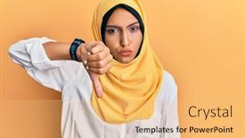  Presentation with arab - Colorful slide set enhanced with young-brunette-arab-woman-wearing backdrop and a yellow colored foreground