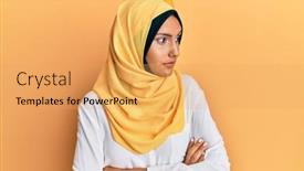  Presentation with arab - Slide set featuring young-brunette-arab-woman-wearing background and a yellow colored foreground