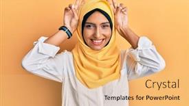  Presentation with arab - Beautiful slides featuring young-brunette-arab-woman-wearing backdrop and a yellow colored foreground